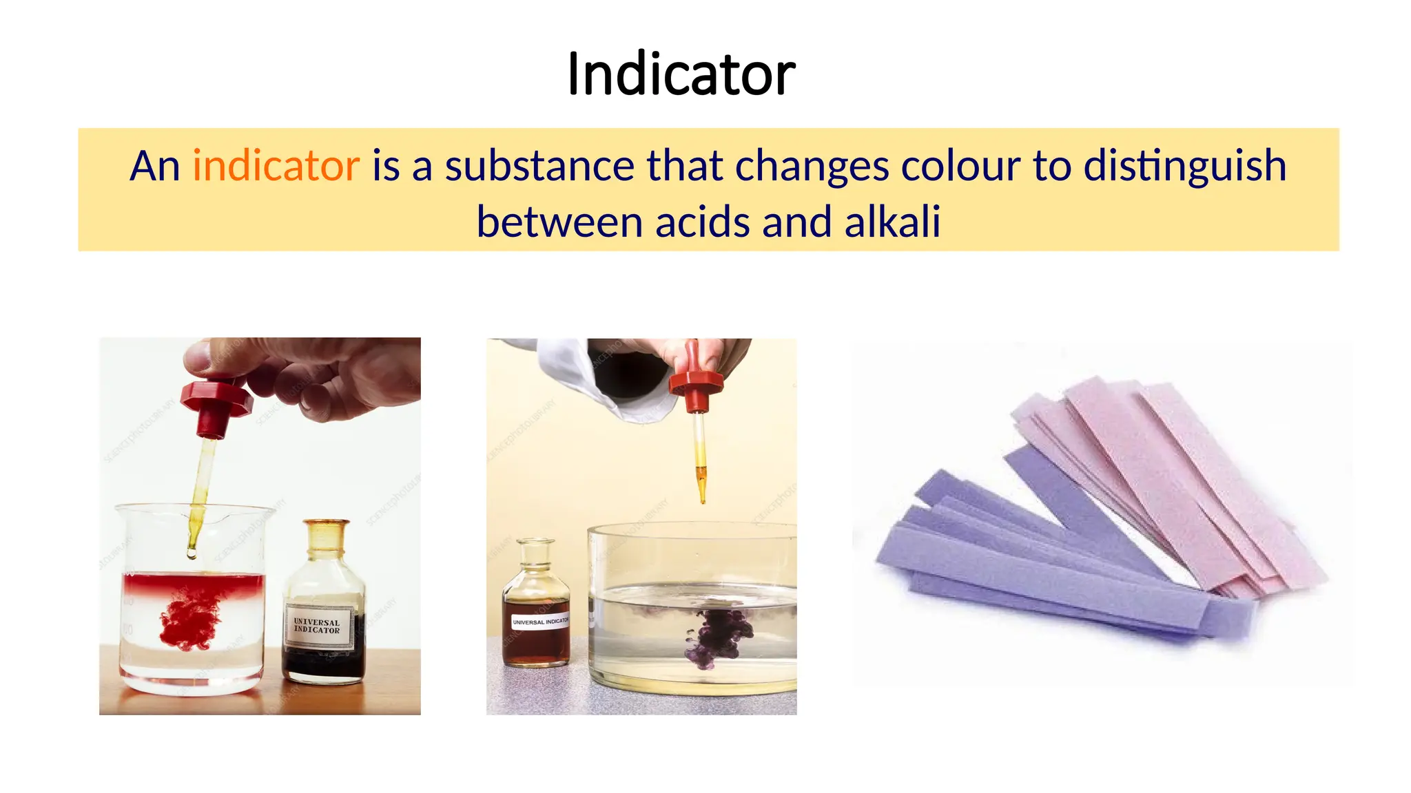 Indicator
An indicator is a substance that changes colour to distinguish
between acids and alkali
acid
alkali
neutral
 