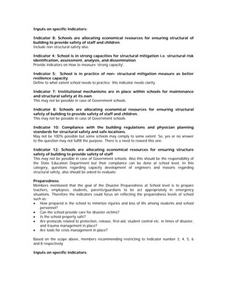 Inputs on specific indicators:

Indicator 8: Schools are allocating economical resources for ensuring structural of
building to provide safety of staff and children.
Include non structural safety also.

Indicator 4: School is in strong capacities for structural mitigation i.e. structural risk
identification, assessment, analysis, and dissemination.
Provide indicators on How to measure ‘strong capacity’.

Indicator 5: School is in practice of non- structural mitigation measure as better
resilience capacity.
Define to what extent school needs to practice; this indicator needs clarity.

Indicator 7: Institutional mechanisms are in place within schools for maintenance
and structural safety at its own.
This may not be possible in case of Government schools.

Indicator 8: Schools are allocating economical resources for ensuring structural
safety of building to provide safety of staff and children.
This may not be possible in case of Government schools

Indicator 10: Compliance with the building regulations and physician planning
standards for structural safety and safe locations.
May not be 100% possible but some schools may comply to some extent. So, yes or no answer
to the question may not fulfill the purpose. There is a need to reword this one.

Indicator 12: Schools are allocating economical resources for ensuring structure
safety of building to provide safety of staff
This may not be possible in case of Government schools. Also this should be the responsibility of
the State Education Department but their compliance can be done at school level. In this
category, questions regarding capacity development of engineers and masons regarding
structural safety, also should be asked to evaluate.

Preparedness
Members mentioned that the goal of the Disaster Preparedness at School level is to prepare
teachers, employees, students, parents/guardians to be act appropriately in emergency
situations. Therefore the indicators could focus on reflecting the preparedness levels of school
such as:
• How prepared is the school to minimize injuries and loss of life among students and school
    personnel?
• Can the school provide care for disaster victims?
• Is the school property safe?
• Are protocols related to protection, release, first-aid, student control etc. in times of disaster,
    and trauma management in place?
• Are tools for crisis management in place?

Based on the scope above, members recommending restricting to Indicator number 3, 4, 5, 6
and 8 respectively

Inputs on specific indicators:
 