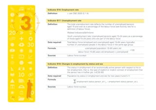 Indicator B16: Employment rate
	 Definition	  see EE 2020 (3.1.A)
	 Indicator B17: Unemployment rate
	 Definition	The total unemployment rate reflects the number of unemployed persons
aged 15 and over as a percentage of the labour force (see Activity rate for a
definition of labour force).
		 Related indicators/definitions
		Youth unemployment rate: Unemployed persons aged 15–24 years as a percentage
of those aged 15–24 years who are part of the labour force
	 Data required	Total labour force (employed and unemployed) aged 15–64 years (typically);
number of unemployed people in the labour force in the same age group.
	 Formula	
	 Sources	 Labour force surveys
	 Indicator B18: Changes in employment by status and sex
	 Definition	The status in employment of an economically active person with respect to his or
her employment, that is, the type of explicit or implicit contract of employment that
the person has in his/her job. (ICSE-93)
	 Data required	 Population by status in employment and sex for two years (t and t+1)
	 Formula	
	 Sources	 Labour force surveys
*100
unemployed population 15–64 years old
labour force 15–64 years old (employed + unemployed)
∑ employment status person j
at t+1
– employment status person j
at t?
34
 