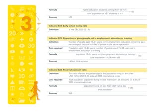 Formula	
	 Sources	UIS
	 Indicator B24: Early school leaving rate
	 Definition	  see EE 2020 (3.1.A)
	 Indicator B25: Proportion of young people not in employment, education or training
	 Definition	Number of people aged 15–24 years not in employment, education or training as a
percentage of the total number of people in the same age bracket
	 Data required	Population aged 15–24 years; number of people aged 15–24 years not in
employment, education or training
	 Formula	
	 Sources	 Labour force surveys
	 Indicator B26: Poverty headcount ratio
	 Definition	This ratio refers to the percentage of the population living on less than
USD 1.25 or USD 2.00 a day at 2005 international prices
	 Data required	Total population; population living on less than USD 1.25 or USD 2.00 a day at
2005 international prices
	 Formula	
	 Sources	WB
higher education students coming from VET in t
total population of VET students in t–1
*100
*100
population 15–24 years not in employment,education or training
total population 15–24 years old
*100
population living on less than USD 1.25 a day
total population
37
 
