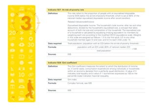 Indicator B27: At-risk-of-poverty rate
	 Definition	This rate refers to the proportion of people with an equivalised disposable
income (EDI) below the at-risk-of-poverty threshold, which is set at 60% of the
national median equivalised disposable income after social transfers).
		 Related indicators/definitions
		Equivalised disposable income: The household’s total income, after tax and other
deductions, divided by the household’s equivalised size, a concept that takes
account of both the size and composition of the household. The equivalised size
of a household is calculated by equalising (making equivalent) its members by
weighting each one according to the modified OECD equivalence scale. Weights
in this scale are assigned as follows: 1.0 to the first adult, 0.5 to any other
household member aged 14 and over, and 0.3 to each child under 14.
	 Data required	 Total population; population with an EDI below the at-risk-of-poverty threshold.
	 Formula	
	 Sources	WB
	 Indicator B28: Gini coefficient
	 Definition	This Gini coefficient measures the extent to which the distribution of income
(or, in some cases, consumption expenditure) among individuals or households
within an economy deviates from a perfectly equal distribution. A value of 0
indicates total equality and a value of 1 (sometimes expressed as 100 on the
percentile scale) indicates maximal inequality.
	 Data required	 Gini index
	 Formula	 Complex formula, see WB
	 Sources	WB
*100
population with an EDI under 60% of national median EDI
total population
38
 