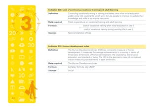 Indicator B38: Cost of continuing vocational training and adult learning
	 Definition	Continuing vocational training is training that takes place after initial education
and/or entry into working life which aims to help people to improve or update their
knowledge and skills or to acquire new ones.
	 Data required	 Public expenditure on vocational training and adult learning
	 Formula	
	 Sources	 National statistics offices
	 Indicator B39: Human development index
	 Definition	The Human Development Index (HDI) is a composite measure of human
development. It measures the average achievements in a country in terms of
three basic dimensions of human development: life expectancy, literacy and
education, and standard of living. The HDI is the geometric mean of normalised
indices measuring achievements in each dimension.
	 Data required	 The Human Development Index
	 Formula	 Complex formula, see UNDP
	 Sources	UNDP
+
cost of vocational training after initial education in year t
cost of vocational training during working life in year t
43
 