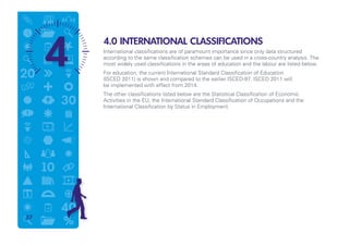 4.0 INTERNATIONAL CLASSIFICATIONS
International classifications are of paramount importance since only data structured
according to the same classification schemes can be used in a cross-country analysis. The
most widely used classifications in the areas of education and the labour are listed below.
For education, the current International Standard Classification of Education
(ISCED 2011) is shown and compared to the earlier ISCED-97. ISCED 2011 will
be implemented with effect from 2014.
The other classifications listed below are the Statistical Classification of Economic
Activities in the EU, the International Standard Classification of Occupations and the
International Classification by Status in Employment.
57
 