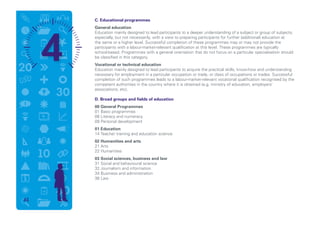 C. Educational programmes
General education
Education mainly designed to lead participants to a deeper understanding of a subject or group of subjects,
especially, but not necessarily, with a view to preparing participants for further (additional) education at
the same or a higher level. Successful completion of these programmes may or may not provide the
participants with a labour-market-relevant qualification at this level. These programmes are typically
school-based. Programmes with a general orientation that do not focus on a particular specialisation should
be classified in this category.
Vocational or technical education
Education mainly designed to lead participants to acquire the practical skills, know-how and understanding
necessary for employment in a particular occupation or trade, or class of occupations or trades. Successful
completion of such programmes leads to a labour-market-relevant vocational qualification recognised by the
competent authorities in the country where it is obtained (e.g. ministry of education, employers’
associations, etc).
D. Broad groups and fields of education
00 General Programmes
01 Basic programmes
08 Literacy and numeracy
09 Personal development
01 Education
14 Teacher training and education science
02 Humanities and arts
21 Arts
22 Humanities
03 Social sciences, business and law
31 Social and behavioural science
32 Journalism and information
34 Business and administration
38 Law
61
 