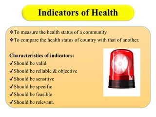 Indicators of Health
❖To measure the health status of a community
❖To compare the health status of country with that of another.
Characteristics of indicators:
✔Should be valid
✔Should be reliable & objective
✔Should be sensitive
✔Should be specific
✔Should be feasible
✔Should be relevant.
 