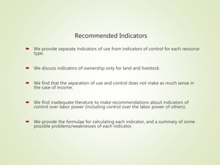 Indicators of gendered control over agricultural resources