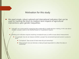 Indicators of gendered control over agricultural resources