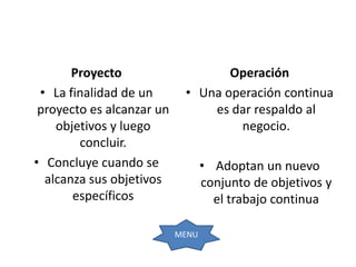 Proyecto                    Operación
 • La finalidad de un       • Una operación continua
 proyecto es alcanzar un        es dar respaldo al
    objetivos y luego               negocio.
        concluir.
• Concluye cuando se              • Adoptan un nuevo
  alcanza sus objetivos           conjunto de objetivos y
       específicos                  el trabajo continua

                           MENU
 