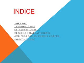 INDICE
PORTADA
INTRODUCCION
EL HÁBEAS CORPUS
CLASES DE HABEAS CORPUS
QUE PROTEGE EL HABEAS CORPUS
CONCLUSIONES
 