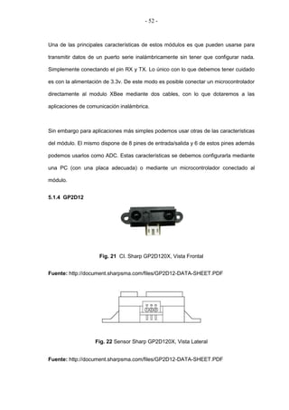 - 52 -



Una de las principales características de estos módulos es que pueden usarse para

transmitir datos de un puerto serie inalámbricamente sin tener que configurar nada.

Simplemente conectando el pin RX y TX. Lo único con lo que debemos tener cuidado

es con la alimentación de 3.3v. De este modo es posible conectar un microcontrolador

directamente al modulo XBee mediante dos cables, con lo que dotaremos a las

aplicaciones de comunicación inalámbrica.



Sin embargo para aplicaciones más simples podemos usar otras de las características

del módulo. El mismo dispone de 8 pines de entrada/salida y 6 de estos pines además

podemos usarlos como ADC. Estas características se debemos configurarla mediante

una PC (con una placa adecuada) o mediante un microcontrolador conectado al

módulo.


5.1.4 GP2D12




                    Fig. 21 CI. Sharp GP2D120X, Vista Frontal


Fuente: http://document.sharpsma.com/files/GP2D12-DATA-SHEET.PDF




                   Fig. 22 Sensor Sharp GP2D120X, Vista Lateral


Fuente: http://document.sharpsma.com/files/GP2D12-DATA-SHEET.PDF
 