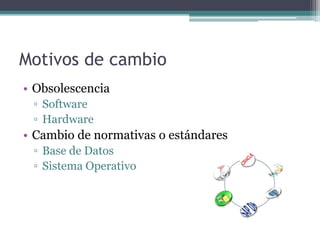Motivos de cambio
• Obsolescencia
▫ Software
▫ Hardware
• Cambio de normativas o estándares
▫ Base de Datos
▫ Sistema Operativo
 