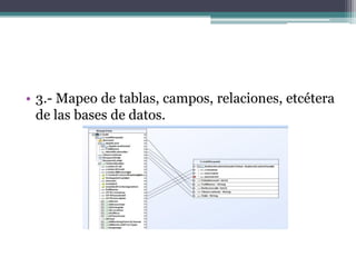 • 3.- Mapeo de tablas, campos, relaciones, etcétera
de las bases de datos.
 