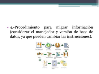 • 4.-Procedimiento para migrar información
(considerar el manejador y versión de base de
datos, ya que pueden cambiar las instrucciones).
 