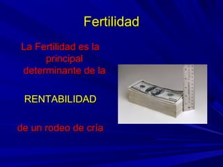 FertilidadFertilidad
La Fertilidad es laLa Fertilidad es la
principalprincipal
determinante de ladeterminante de la
RENTABILIDADRENTABILIDAD
de un rodeo de críade un rodeo de cría
 