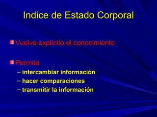 Indice de Estado CorporalIndice de Estado Corporal
Vuelve explícito el conocimientoVuelve explícito el conocimiento
PermitePermite
– intercambiar informaciónintercambiar información
– hacer comparacioneshacer comparaciones
– transmitir la informacióntransmitir la información
 