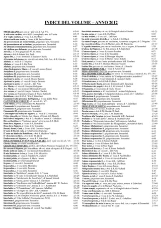 INDICE DEL VOLUME - ANNO 2012
'900 ITALIANO: per coro a I più voci di AA. VV.
A solis ortu cardine, a4vd di R. Gesangbuch, armodi Vessia
A te voglio cantare, a l voce di L. Del Prete
Abiterà nella sua tenda, a l voce di M. Enrico Balatti
Ad processionem ad coemeterium, gregoriano-armo Sessantini
Ad processionem ad ecc1esiam, gregoriano-m·m. Sessantini
Ad ultimam commendationem, gregoriano-armo Sessantini
Ad vigiliam pro defuncto, gregoriano-anno Sessantini
Advent, a l e 4vd gregoriano-W. H .Monk.
Advent, a 4vd di Johann Seb. Bach
Agnus Dei, a 2 voci femminili di Luciano Chailly
AI termine del giorno, per coro di voci miste, Soli, Ass., di R. Giavina
Alleluia, a l voce di G. Magrino
Alleluia, a l voce di L. Del Prete
Allelnia, gregoriano-anno Sessantini
Alma Redemptoris Mater, a I voce di Lorenzo Perosi
Antiphona I, gregoriano-armo Sessantini
Antiphona II, gregoriano-armo Sessantini
Antiphona II, gregoriano-armo Sessantini
Apritemi le porte, a I voce di Alessio Randon
Apritemi le porte, a 1 voce di Giorgio Pressato
Apritemi le porte, a l voce di L. Del Prete
Ave Maria, a l voce di Giuseppe Gallignani
Ave Maria, a 3 voci miste di Ildebrando Pizzetti
Ave verum, a 3 voci di Giorgio Federico Ghedini
Ave verum, per Soprani ed organo di Bruno Bettinelli
Bethlehem, a 4vd di Ch.F. Witt-F. Gabellieri
Camminerò alla presenza del Signore, a l voce di Del Prete
CANTI PER LE ESEQUIE a I voce di AA. VV.
4/5-0 I
2/3-19
6-41
6-40
6-19
6-16
6-17
6-15
2/3-16
2/3-17
4/5-54
1-23
6-35
6-33
6-08
4/5-08
6-18
6-16
6-18
6-28
6-27
6-26
4/5-13
4/5-04
4/5-22
4/5-44
2/3-31
6-47
6-45
Cieli stillate, a 4vd, corale antico-G. Pedemonti 2/3-44
Communio I, gregoriano-armo Sessantini 6-12
Communio D, gregoriano-anno Sessantini 6-13
Communio DI, gregoriano-armo Sessantini 6-14
Contemplerò la bontà del Signore, a l voce di G. Mezzalira 6-49
Cristo risusciti, per Schola, Ass. Organo e Ottoni, di L Bianchi 1-04
Del Padre l'unigenito, a 4vd di G. Buchleyn, annon. F. Gabellieri 2/3-45
Dies est laetitiae, in "Cantiones sacrae" a 4vd a cura di J. Mohr 2/3-58
Dona loro, Signore, a I voce di F. Gabellieri 6-25
Dona loro, Signore, a l voce di G. Sessantini 6-24
Dormi, dormi, Gesù, a l voce di G. Lorenzo Gregori 2/3-42
E' nato il Dio del cielo, a 4vd di Gortitz-Paetorius 2/3-29
E' nato un bimbo in Bethlehem, a 4vd di Melchior Vulpius 2/3-59
E' sbocciato un fiore, a 4vd di G. Th. Holst 2/3-30
Esulteranno nel Signore, a l voce di F. Gabellieri 6-46
FOGLI SPARSI di AVVENTO e di NATALE, per I o più voci di AA. VV. 2/3-0 I
Gloria, Gloria, a 4vd di Conrad Kocher 2/3-34
GRADUALE SEMPLICE, per Ce!. dei Defunti: Messa ed Esequie di AA. VV. 6-0 l
Ho cercato il Signore, per Assemblea e a4 voci miste ed organo, di B. Furgeri 1-12
Hodie nobis de coelo, a 3 voci miste di Rento Dionisi 4/5-38
Il mio Redentore è vivo, a l voce di G. Mezzalira 6-39
In dulci jubilo, a I voce di Friedrich W. Zachow 2/3-10
In dulci jubilo, a 4vd annon. di Mario Lanaro 2/3-09
In dulci jubilo, a 4vd di Smnuel Scheidt 2/3-07
In pace, a l voce di G. Sessantini 6-48
In paradiso, a I voce di G. Mezzalira 6-58
In paradiso, a l voce di G. Pressato 6-55
In paradiso, a I voce di G. Sessantini 6-56
Interludio su "Bethlehem", musica di G. N. Vessia 2/3-31
Interludio su "E' nato il Dio del cielo" musica di E. Gabellieri 2/3-29
Interludio su "Gelobet seist du, Jesu Christ", di Samuel Scheidt 2/3-46
Interludio su "Gloria, gloria" musica di F. Gabellieri 2/3-34
Interludio su "Nun Komm, der Heiden Heliand", musica diF. W. Zachow 2/3-14
Interludio su "O Jesulein suss", musica di G. F. Kauffinann 2/3-28
Interludio su "O Tannenbaum", di Francesco Gabellieri 2/3-57
Interludio su "Un segno nel cielo", di F. Gabellieri 2/3-60
Interludio su "Es ist gewiblich an der Zeit", musica di J. Ch. H. Rinck 2/3-22
Interludio su 'Lobt Gottjhr Christen alle gleich', musica .di J. G. Walther 2/3-36
Interludio su" O du frohliche" , Germania (sec. XIX) 2/3-38
Introitum l, gregoriano-anno Sessantini 6-04
Introitum D, gregoriano-armo Sessantini 6-05
Introitum DI, gregoriano-armo Sessantini 6-06
lo credo: il Signore è risorto, a l voce di Paul Hodder 6-52
Jesu dulcis memoria, a 4 voci di Giorgio Federico Ghedini
La mia carne, a l voce di L. Del Prete
La mia eredità, a I voce di L. Del Prete
La notte si accende di stelle, a l o 4vd di J. Seb Bach
4/5-23
6-60
6-44
2/3-32
La santa Pasqua, per coro a 4 voci miste, Assemblea e organo, di G. Magrino 1-20
La voce del profeta, a 4vd di Martin Lutero-M. Praetorius 2/3-13
L'Agnello immolato, per coro a 4 voci miste, Ass. e organo, di Sessantini 1-28
L'attesa del Signore, a I e 4vd, annon. di F. Gabellieri 2/3-18
L'eterno riposo, a I voce di Alessio Randon 6-21
L'eterno riposo, a l voce di G. Sessantini 6-20
L'eterno riposo, a l voce di Giuseppe Magrino 6-22
L'eterno riposo, a l voce di Matteo Enrico Balatti 6-23
Lieti pastori, a I voce, lauda spirituale-armon: di F.Caudana 2/3-39
Lodate Dio, a 4vd di N. Hennan-Massimo Nosetti 2/3-35
Lodate Dio, per coro a 4 voci miste e Ottoni, di L Bianchi 1-08
MESSA DEI DEFUNTI, a l voce di Autori Vari 6-20
MISSA PRO DEFUNCTIS, gregoriano-m·m. Sessantini 6-04
NEL SIGNORE ESULTIAMO, per coro a l e più voci ego o miste di AA. VV.I-01
O du Frohliche, a I voce, armon, in "Cantiques et motets populaires" 2/3-37
O esca viatorum, a 3 voci femminili di Luciano Chailly 4/5-58
O Jesulein suss, a 4vd di Hall-J.S.Bach 2/3-27
O Maria madre beata, per coro femminile di R. Zandonai
O Redentor dei popoli, a 4vd.di J. H. Schein-J. S. Bach
O Sapientia, a 4 voci miste di Giulio Viozzi
O stupendo mistero, a 4/5 voci miste di Luciano Migliavacca
O tu, pastor che vigili, a 4vd popolare tedesca, armon. di F. Gabellieri
Offertorium I, gregoriano-anno Sessantini
Offertorium II, gregoriano-armo Sessantini
Offertorium III, gregoriano-anno Sessantini
Oggi è nato, a l voce, lauda spirituale - armon. di F. Gabellieri
ORDO EXSEQUIARUM, gregoriano-anno Sessantini
Parola scesa, a I voce di J. Friedrich Grebs
Parola scesa, a 4vd di Ph.Nicolai-J.S.Bach
Pastore d'Israele, a 4vd, armo F. M. Bartholdy
Preghiera alla Vergine, per coro femminile di R. Zandonai
Preludio su "Tn dulci jubilo", musica di Fridolin Sicher
Preludio su "Sfolgorante intensa luce" di Francesco Gabellieri
Preludio su"Wie Schon leuchtet der Mongenstern", di Heimich Rinck
Psalmus Alleluiaticus l, gregoriano-armo Sessantini
Psalmus Alleluiaticus II, gregoriano-anno Sessantini
Psalmus Alleluiaticus III, gregoriano-armo Sessantini
Psalmus responsorius I, gregoriano-armo Sessantini
Psalmus responsorius Il, gregoriano-anno Sessantini
Psalmus responsorius lII, gregoriano-armo Sessantini
Puer natus, a I o 4vd di Samuel Scheidt
Puer natus, a l voce di Johann Seb. Bach
Puer natus, a I voce di Max Reger
Regina coeli laetare, a 2 voci di Bruno Bettinelli
Ricordati di me, a I voce di L. Del Prete
Salmo alleluiatico I, a I voce di L. Del Prete
Salmo alleluiatico II e Tratto, a l voce di Paul Hodder
Salmo responsoriale I, a l voce di Alessio Randon
Salmo responsoriale lI, a I voce di L. Del Prete
Salmo responsoriale III, a I voce di L. Del Prete
Salve Regina, a I voce di Lorenzo Perosi
Sfolgorante intensa luce, a 4vd di R.H. Prichard
Splenda ad essi, a I voce di G. Magrino
Splenda ad essi, a l voce di M. Enrico Balatti
Stupite, o ciel, a l voce di Ignoto-F. Gabellieri
Tractus, gregoriano-armo Sessantini
Tu sei il Cristo, a l voce di L. Del Prete
Un segno nel cielo, a l voce, me!. pop. tedesca, armon. di Gabellieri
Universi populi, a 4vd di Michael Praetorius
Velum templi, responsorio a 4 voci di Giorgio Federico Ghedini
Veni, veni Emanuel, sec. XIII-T. Helmore
Venite santi di Dio, a l voce di G. Sessantini
Verrà ben presto, a l voce di G. Ph .Telemann
Verrà ben presto, a 4vd di G. Lieder, armo F. Gabellieri
Verrà ben presto, a 4vd di Max Reger
Vi raccoglierò da tutta la terra, per coro a 4vd, Ass. e organo, di Sessantini
Weihnachtsued, a l voce di Nils W. Gade
4/5-16
2/3-47
4/5-34
4/5-59
213-56
6-11
6-11
6-12
2/3-40
6-15
213-50
2/3-48
2/3-20
4/5-19
2/3-08
213-53
2/3-49
6-09
6-09
6-10
6-07
6-07
6-08
2/3-05
2/3-05
2/3-06
4/5-47
6-45
6-36
6-37
6-29
6-30
6-31
4/5-10
213-55
6-43
6-42
2/3-43
6-10
6-53
2/3-60
2/3-12
4/5-26
2/3-15
6-50
2/3-24
2/3-21
2/3-23
1-31
2/3-04
 