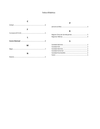 Índice Alfabético
C
Cofopri ....................................................................................6
F
Formulario N0 2119.................................................................5
L
licencia Municipal ..................................................................8
M
Mype.......................................................................................7
N
Notario....................................................................................5
P
persona Jurídica......................................................................3
R
Registro Único de Contribuyentes..........................................5
Registros Públicos...................................................................4
S
Sociedad Anónima..................................................................2
Sociedad Civil..........................................................................2
Sociedad Colectiva..................................................................2
Sociedad Comercial ................................................................2
Sociedad Encomandita ...........................................................2
Sunat.......................................................................................5
 