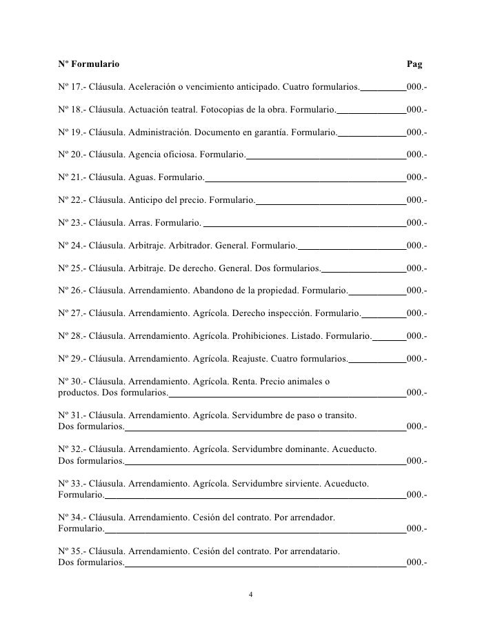 Indice de FORMULARIOS DE CONTRATOS - Tomo I