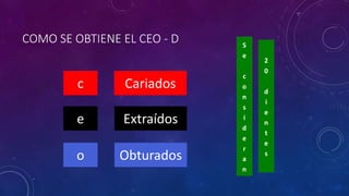COMO SE OBTIENE EL CEO - D
c
o
e
Cariados
Obturados
Extraídos
S
e
c
o
n
s
i
d
e
r
a
n
2
0
d
i
e
n
t
e
s
 