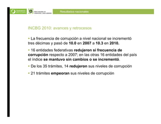 Resultados nacionales




INCBG 2010: avances y retrocesos

  La frecuencia de corrupción a nivel nacional se incrementó
tres décimas y pasó de 10.0 en 2007 a 10.3 en 2010.
  16 entidades federativas redujeron si frecuencia de
corrupción respecto a 2007; en las otras 16 entidades del país
el índice se mantuvo sin cambios o se incrementó.
  De los 35 trámites, 14 redujeron sus niveles de corrupción
  21 trámites empeoran sus niveles de corrupción
 