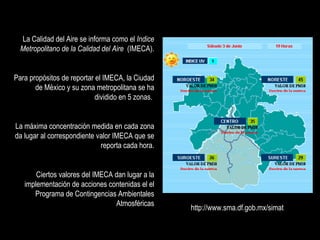 La Calidad del Aire se informa como el  Indice Metropolitano de la Calidad del Aire   (IMECA). Para propósitos de reportar el IMECA, la Ciudad de México y su zona metropolitana se ha dividido en 5 zonas.  La máxima concentración medida en cada zona da lugar al correspondiente valor IMECA que se reporta cada hora. Ciertos valores del IMECA dan lugar a la implementación de acciones contenidas el el Programa de Contingencias Ambientales Atmosféricas http://www.sma.df.gob.mx/simat 
