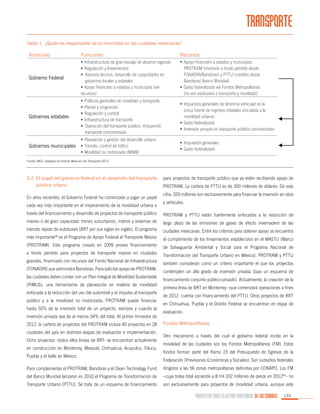 TRANSPORTE
Tabla 1. ¿Quién es responsable de la movilidad en las ciudades mexicanas?

Autoridad

Funciones

Recursos

Gobierno Federal

•	 Infraestructura de gran escala/ de alcance regional
•	 Regulación y lineamientos
•	 Asesoría técnica, desarrollo de capacidades en
gobiernos locales y estatales
•	 Apoyo financiero a estados y municipios (ver
recursos)

•	 Apoyo financiero a estados y municipios:
	 PROTRAM (inversión a fondo perdido desde
FONADIN/Banobras) y PTTU (créditos desde
Banobras/ Banco Mundial)
•	 Gasto federalizado vía Fondos Metropolitanos
	 (no son exclusivos a transporte y movilidad)

Gobiernos estatales

•	 Políticas generales de movilidad y transporte
•	 Planes y programas
•	 Regulación y control
•	 Infraestructura de transporte
•	 Operación del transporte público, incluyendo
transporte concesionado

•	 Impuestos generales (la tenencia vehícular es la
única fuente de ingresos estatales vinculada a la
movilidad urbana)
•	 Gasto federalizado
•	 Inversión privada en transporte público concesionado

•	 Planeación y gestión del desarrollo urbano

Gobiernos municipales •	 Tránsito, control de tráfico
•	 Movilidad no motorizada (MNM)

•	 Impuestos generales
•	 Gasto federalizado

Fuente: IMCO, adaptado de Instituto Mexicano del Transporte (2011)

3.2	El papel del gobierno federal en el desarrollo del transporte
público urbano
En años recientes, el Gobierno Federal ha comenzado a jugar un papel
cada vez más importante en el mejoramiento de la movilidad urbana a

para proyectos de transporte público que ya estén recibiendo apoyo de
PROTRAM. La cartera de PTTU es de 350 millones de dólares. De esta
cifra, 320 millones son exclusivamente para financiar la inversión en obra
y vehículos.

través del financiamiento y desarrollo de proyectos de transporte público

PROTRAM y PTTU están fuertemente enfocados a la reducción de

masivo o de gran capacidad: trenes suburbanos, metros y sistemas de

largo plazo de las emisiones de gases de efecto invernadero de las

tránsito rápido de autobuses (BRT por sus siglas en inglés). El programa

ciudades mexicanas. Entre los criterios para obtener apoyo se encuentra

más importante58 es el Programa de Apoyo Federal al Transporte Masivo

el cumplimiento de los lineamientos establecidos en el MASTU (Marco

(PROTRAM). Este programa creado en 2009 provee financiamiento

de Salvaguarda Ambiental y Social para el Programa Nacional de

a fondo perdido para proyectos de transporte masivo en ciudades
grandes, financiado con recursos del Fondo Nacional de Infraestructura
(FONADIN) que administra Banobras. Para solicitar apoyo de PROTRAM,
las ciudades deben contar con un Plan Integral de Movilidad Sustentable
(PIMUS), una herramienta de planeación en materia de movilidad
enfocada a la reducción del uso del automóvil y el impulso al transporte
público y a la movilidad no motorizada. PROTRAM puede financiar
hasta 50% de la inversión total de un proyecto, siempre y cuando la
inversión privada sea de al menos 34% del total. Al primer trimestre de
2012, la cartera de proyectos del PROTRAM incluía 40 proyectos en 28
ciudades del país en distintas etapas de evaluación e implementación.
Ocho proyectos –todos ellos líneas de BRT- se encuentran actualmente
en construcción en Monterrey, Mexicali, Chihuahua, Acapulco, Toluca,
Puebla y el Valle de México.

Transformación del Transporte Urbano en México). PROTRAM y PTTU
también consideran como un criterio importante el que los proyectos
contemplen un alto grado de inversión privada (bajo un esquema de
financiamiento conjunto público-privado). Actualmente, la creación de la
primera línea de BRT en Monterrey –que comenzará operaciones a fines
de 2012- cuenta con financiamiento del PTTU. Otros proyectos de BRT
en Chihuahua, Puebla y el Distrito Federal se encuentran en etapa de
evaluación.
Fondos Metropolitanos
Otro mecanismo a través del cual el gobierno federal incide en la
movilidad de las ciudades son los Fondos Metropolitanos (FM). Estos
fondos forman parte del Ramo 23 del Presupuesto de Egresos de la
Federación (Previsiones Económicas y Sociales). Son subsidios federales

Para complementar el PROTRAM, Banobras y el Clean Technology Fund

dirigidos a las 56 zonas metropolitanas definidas por CONAPO. Los FM

del Banco Mundial lanzaron en 2010 el Programa de Transformación de

–cuya bolsa total asciende a 8 mil 332 millones de pesos en 201259 - no

Transporte Urbano (PTTU). Se trata de un esquema de financiamiento

son exclusivamente para proyectos de movilidad urbana, aunque este

PROPUESTAS PARA LA GESTIÓN PROFESIONAL DE LAS CIUDADES

133

 