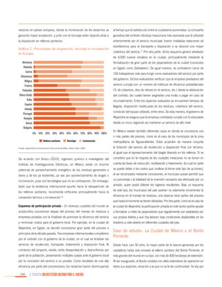 residuos en países europeos, donde la incineración de los desechos va

al tiempo que la satisfacción entre la ciudadanía aumentaba. La compañía

ganando mayor aceptación, y junto con el reciclaje están dejando atrás a

ganadora del contrato introdujo maquinaria más avanzada que la utilizada

la disposición en rellenos sanitarios.

anteriormente por el servicio municipal, fueron instaladas estaciones de

Gráfica 2. Porcentajes de disposición, reciclaje e incineración
en Europa.

Alemania
Holanda
Suecia
Dinamarca
Bélgica
Francia
Finlandia
Reino Unido
Italia
España
Irlanda
Portugal
Hungría
Grecia
Bulgaria

transferencia para el transporte y disposición y se alcanzó una mayor
cobertura del servicio.17 Por otra parte, dicho esquema generó alrededor
de 4,000 nuevos empleos en la ciudad, principalmente mediante la
formalización de gran parte de los pepenadores de la ciudad (conocidos
en Egipto como Zabbaleen). De igual manera, se contrataron cerca de
150 trabajadores más para fungir como evaluadores del servicio por parte
del gobierno. Dichos evaluadores verifican que la empresa prestadora del
servicio cumpla con un número de métricas de eficiencia prestablecidas
(% de cobertura, días de retraso en el servicio, etc.) desde la elaboración
del contrato, las cuales tienen asignadas una multa a pagar en caso de
incumplimiento. Entre los aspectos evaluados se encuentran tiempos de
llegada, disposición inadecuada de los residuos, cobertura del servicio,
condición del equipo utilizado, entre otros. De esta manera, el gobierno de
Alejandría se asegura que la empresa contratada cumpla con lo estipulado
desde un inicio, logrando así mantener un servicio de alto nivel.

0% 10% 20% 30% 40% 50% 60% 70% 80% 90% 100%
Relleno sanitario

Reciclaje

Incineración

Fuente: Department for Environment Food and Rural Affairs, Reino Unido. 2009.

En México existen también diferentes casos en donde se concesiona una
o más partes del proceso, como es el caso de los municipios de la zona
metropolitana de Aguascalientes. Éstos acuerdan de manera conjunta
la licitación del servicio de recolección y disposición final con terceros,
al igual que el aprovechamiento del biogás liberado en los rellenos. Si se

De acuerdo con Arvizu (2010), ingeniero químico e investigador del

considera que en la mayoría de las ciudades mexicanas no se toman en

Instituto de Investigaciones Eléctricas, en México existe un enorme

cuenta las fases de reducción, reutilización y tratamiento, (lo cual en parte

potencial de aprovechamiento energético de los residuos generados a

se puede deber a los costos que conlleva el tomar este tipo de acciones),

diario y de los ya existentes, ya sea por aprovechamiento de biogás o

al ser tercerizados mediante concesiones, el municipio puede permitir que

incineración, pues son tecnologías que no se contraponen. Sin embargo,

un porcentaje o la totalidad de la inversión necesaria sea efectuada por un

dado que la tendencia internacional apunta hacia la desaparición de

privado, quien podrá obtener los ingresos resultantes. Bajo un esquema

los rellenos sanitarios, recomienda enfocarse principalmente hacia la
conversión térmica o incineración.16

de este tipo, los municipios del país podrían no solamente incrementar la
eficiencia en el manejo de residuos, sino abarcar otras partes del proceso
que hasta el momento se tienen olvidadas. Por otra parte, como es el caso de

Esquemas de participación privada – En diversas ciudades del mundo se

la ciudad de Alejandría, la participación privada en este sector podría ayudar

acostumbra concesionar etapas del proceso del manejo de residuos a

a formalizar a miles de pepenadores que regularmente son explotados por

empresas privadas con la finalidad de promover la eficiencia del servicio

sus propios líderes y que hoy laboran bajo condiciones deplorables en los

y minimizar costos para el gobierno local. Por ejemplo, en la ciudad de

tiraderos a cielo abierto en diferentes ciudades del país.

Alejandría, en Egipto, se decidió concesionar gran parte del proceso a
principios de la década pasada. Tres empresas internacionales compitieron
por el contrato con el gobierno de la ciudad, en el cual se licitaban los

Caso de estudio: La Ciudad de México y el Bordo
Poniente

servicios de recolección, transporte, tratamiento y disposición final. Al

Desde hace casi 30 años, la mayor parte de la basura generada por los

comienzo del proyecto, existía cierta desaprobación y desconfianza por

capitalinos había sido enviada al relleno sanitario del Bordo Poniente, el

parte de la población, presentando múltiples quejas ante el gobierno local

más grande del mundo en su tipo, con más de 400 hectáreas de extensión.

por la concesión del servicio a un privado. Como resultado de una alta

Al ser inaugurado, el Bordo contaba con altos estándares de operación en

eficiencia por parte del concesionario, los reclamos fueron disminuyendo

todos sus aspectos, situación a la que no se le dio continuidad. Ya sea por

154

EL MUNICIPIO UNA INSTITUCIÓN DISEÑADA PARA EL FRACASO

 