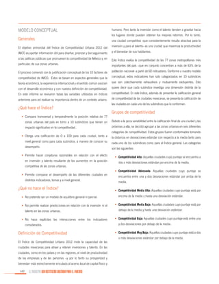 Modelo Conceptual
Generales

humano. Pero tanto la inversión como el talento tienden a gravitar hacia
los lugares donde pueden obtener los mejores retornos. Por lo tanto,
una ciudad competitiva -que consistentemente resulta atractiva para la

El objetivo primordial del Índice de Competitividad Urbana 2012 del

inversión y para el talento- es una ciudad que maximiza la productividad

IMCO es aportar información útil para diseñar, priorizar y dar seguimiento

y el bienestar de sus habitantes.

a las políticas públicas que promuevan la competitividad de México y, en

Este Índice evalúa la competitividad de las 77 zonas metropolitanas más

particular, de sus zonas urbanas.

importantes del país –que en conjunto concentran a más de 63% de la

El proceso comenzó con la justificación conceptual de los 10 factores de

población nacional- a partir de 60 indicadores. Conforme a nuestro modelo

competitividad de IMCO. Estos se basan en aspectos generales que la

conceptual, estos indicadores han sido categorizados en 10 subíndices

teoría económica, la experiencia internacional y el sentido común asocian

que son colectivamente exhaustivos y mutuamente excluyentes. Esto

con el desarrollo económico y con nuestra definición de competitividad.

quiere decir que cada subíndice investiga una dimensión distinta de la

En este informe se revisaron todas las variables utilizadas en índices

competitividad. En este índice, además de presentar la calificación general

anteriores para así evaluar su importancia dentro de un contexto urbano.

de competitividad de las ciudades mexicanas, se presenta la calificación de

¿Qué hace el Índice?

las ciudades en cada uno de los subíndices que lo conforman.

Grupos de competitividad

•	 Compara transversal y temporalmente la posición relativa de 77
zonas urbanas del país en torno a 10 subíndices que tienen un

Debido a la poca variabilidad entre la calificación final de una ciudad y las

impacto significativo en la competitividad.

próximas a ella, se decidió agrupar a las zonas urbanas en seis diferentes
categorías de competitividad. Estos grupos fueron conformados tomando

•	 Otorga una calificación de 0 a 100 para cada ciudad, tanto a

la distancia en desviaciones estándar con respecto a la media tanto para

nivel general como para cada subíndice, a manera de conocer su

cada uno de los subíndices como para el Índice general. Las categorías

desempeño.
•	 Permite hacer conjeturas razonables en relación con el efecto
en inversión y talento resultante de los aumentos en la posición
competitiva de las zonas urbanas.
•	 Permite comparar el desempeño de las diferentes ciudades en
distintos indicadores, temas y a nivel general.

¿Qué no hace el Índice?
•	 No pretende ser un modelo de equilibrio general ni parcial.
•	 No permite realizar predicciones en relación con la inversión ni el
talento en las zonas urbanas.
•	 No hace explícitas las interacciones entre los indicadores
considerados.

Definición de Competitividad

son las siguientes:
•	 Competitividad Alta: Aquellas ciudades cuyo puntaje se encuentra a
dos o más desviaciones estándar por encima de la media.
•	 Competitividad Adecuada: Aquellas ciudades cuyo puntaje se
encuentra entre una y dos desviaciones estándar por arriba de la
media.
•	 Competitividad Media Alta: Aquellas ciudades cuyo puntaje está por
encima de la media y hasta una desviación estándar.
•	 Competitividad Media Baja: Aquellas ciudades cuyo puntaje está por
debajo de la media y hasta una desviación estándar.
•	 Competitividad Baja: Aquellas ciudades cuyo puntaje está entre una
y dos desviaciones por debajo de la media.
•	 Competitividad Muy Baja: Aquellas ciudades cuyo puntaje está a dos
o más desviaciones estándar por debajo de la media.

El Índice de Competitividad Urbana 2012 mide la capacidad de las
ciudades mexicanas para atraer y retener inversiones y talento. En las
ciudades, como en los países y en las regiones, el nivel de productividad
de las empresas y de las personas –y por lo tanto su prosperidad y
bienestar- está estrechamente vinculado al acervo local de capital físico y
162

EL MUNICIPIO UNA INSTITUCIÓN DISEÑADA PARA EL FRACASO

 