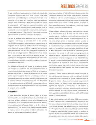 RESULTADOS GENERALES
De igual modo, Monterrey sobresale por sus indicadores de productividad

Las ventajas competitivas del Valle de México son robustas, pero sus retos

y dinamismo económico: hasta 2010, era la 3ª ciudad con la mayor

y debilidades también son muy grandes. Si bien la ciudad se colocaba

productividad laboral (580 mil pesos por trabajador, frente a la media

en 2010 como la 2ª más competitiva del país, su nivel de dinamismo

nacional de 247 mil pesos), la 2ª ciudad con mayor nivel de inversión

económico es muy inferior al de muchas otras ciudades que resultan cada

extranjera directa por trabajador (18 mil pesos per cápita, casi 9 veces

vez más atractivas para la inversión y el talento. Querétaro, por ejemplo, en

la media nacional) y la 3ª ciudad con mayor nivel de crédito al sector

3 años avanzó 4 posiciones en el ranking general y actualmente se ubica

privado. Finalmente, es importante destacar que Monterrey es una de las

como la 4ª ciudad más competitiva del país.

ciudades más innovadoras del país. Es la ciudad que más patentes genera
en relación a su población, y la 4ª ciudad con más empresas certificadas
internacionalmente (en relación al número total de empresas).

El Valle de México destaca en indicadores relacionados con el tamaño
de su mercado interno: es la 2ª ciudad con más crédito al sector
privado en relación a la población, con un nivel cuatro veces superior al

Los retos de Monterrey están relacionados con los altos niveles de

promedio de las ciudades mexicanas. Su mercado hipotecario es el 5º

inseguridad y violencia que ha padecido la ciudad en años recientes.

más grande del país, también en relación a la población. La ciudad ha

Para 2010, Monterrey era una de las ciudades con mayor percepción de

sabido aprovechar sus relaciones internacionales: ocupa el 6º sitio entre

inseguridad (65% de la población percibía su municipio como inseguro,

las ciudades mexicanas por su nivel de inversión extranjera directa per

contra el promedio nacional de 49%). La inseguridad ha ahuyentado al

cápita, y es la ciudad con la mejor conectividad aérea del país. El Valle

talento temporalmente, pero la ciudad podría perder competitividad en

de México es también un centro de desarrollo de conocimiento y nuevas

el largo plazo si no logra restablecer el Estado de derecho en el corto

tecnologías a nivel nacional: es la 2ª ciudad con mayor generación de

plazo. En gran medida, el éxito económico de Monterrey se debe a su

patentes en relación a la población (sólo detrás de Monterrey) y la 4ª

capacidad para atraer a personas altamente talentosas de todo el país e

ciudad con mayor número de investigadores por cada 100 mil habitantes.

incluso del extranjero, por ello la inseguridad es una grave amenaza para

En general, la competitividad del Valle de México es un resultado de la

la competitividad de la ciudad.

alta concentración de empresas del sector servicios, de instituciones

Otra debilidad de Monterrey es la eficacia de sus gobiernos locales.
Los municipios que conforman esta zona metropolitana tienen en
conjunto niveles de deuda que equivalen a 64% de las participaciones

educativas (que aseguran la generación constante de personas talentosas)
y de empresas manufactureras orientadas tanto al mercado interno como
al mercado de exportación.

federales. Esta cifra es la 12ª más alta del país, e implica que las finanzas

Los retos que enfrenta el Valle de México son múltiples. Gran parte de

públicas regiomontanas serían altamente vulnerables a una caída en las

ellos están directamente relacionados con su enorme tamaño (territorial

transferencias que reciben del Gobierno Federal. La ciudad también dista

y poblacional) y con la complejidad de lograr la coordinación eficaz de

de ser líder en materia de transparencia presupuestal; en el último estudio

80 gobiernos distintos - 76 gobiernos municipales y delegacionales, 3

de información presupuestal del IMCO, los 12 municipios que conforman

gobiernos estatales y un Gobierno Federal –todos ellos involucrados en

la zona metropolitana de Monterrey obtuvieron una calificación promedio

la gestión de la megalópolis. La mancha urbana del Valle de México ha

de apenas 19 puntos sobre 100.

crecido de forma rápida y caótica, y no ha podido responder a la creciente

Valle de México
La Zona Metropolitana del Valle de México (ZMVM) es el centro
económico, político, educativo y cultural del país. Es, por mucho, la ciudad
más grande de México: la población conjunta de las 16 delegaciones del
Distrito Federal, los 59 municipios conurbados del Estado de México, y
el municipio conurbado de Tizayuca, Hidalgo, fue de 20.1 millones de
personas en 2010. Esto significa que la población del Valle de México
es mayor que la suma de las poblaciones de las otras 9 ciudades más
grandes del país (que apenas rebasa los 20 millones).

demanda de empleo, educación y servicios básicos. Como resultado de
ello, la tasa de desempleo del Valle de México es de 8%, la 14ª más alta
entre las 77 ciudades evaluadas.
De igual modo, el salario promedio de la ciudad, 5,406 pesos mensuales,
es inferior al promedio de las ciudades mexicanas (5,905 pesos). El bajo
nivel salarial probablemente está relacionado con el bajo nivel promedio de
capital humano: aunque el Valle de México cuenta con más instituciones
educativas que cualquier otra ciudad, la ciudad ocupa la posición 69 entre
77 ciudades en calidad educativa (medida a través de los resultados de
la prueba ENLACE). La ciudad también enfrenta otros problemas como
la mala calidad del aire, que daña directamente la salud de la población;

PROPUESTAS PARA LA GESTIÓN PROFESIONAL DE LAS CIUDADES

19

 