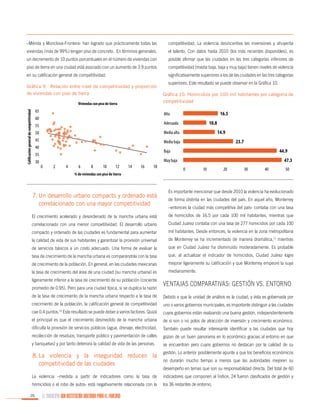 –Mérida y Monclova-Frontera- han logrado que prácticamente todas las

competitividad. La violencia desincentiva las inversiones y ahuyenta

viviendas (más de 99%) tengan piso de concreto. En términos generales,

el talento. Con datos hasta 2010 (los más recientes disponibles), es

un decremento de 10 puntos porcentuales en el número de viviendas con

posible afirmar que las ciudades en las tres categorías inferiores de

piso de tierra en una ciudad está asociado con un aumento de 3.9 puntos

competitividad (media baja, baja y muy baja) tienen niveles de violencia

en su calificación general de competitividad.

significativamente superiores a los de las ciudades en las tres categorías

Gráfica 9. Relación entre nivel de competitividad y proporción
de viviendas con piso de tierra
Viviendas con piso de tierra
Calificación general de competitividad

65

superiores. Este resultado se puede observar en la Gráfica 10.
Gráfica 10. Homicidios por 100 mil habitantes por categoría de
competitividad

16.5

Alta

60

10.8

Adecuada

55
50

14.9

Media alta

45

Media baja

40

44.9

Baja

35
30

23.7
47.3

Muy baja
0

2

4

6

8

10

12

14

16

18

% de viviendas con piso de tierra

7.	Un desarrollo urbano compacto y ordenado está
correlacionado con una mayor competitividad

0

10

20

30

40

50

Es importante mencionar que desde 2010 la violencia ha evolucionado
de forma distinta en las ciudades del país. En aquel año, Monterrey
–entonces la ciudad más competitiva del país- contaba con una tasa

El crecimiento acelerado y desordenado de la mancha urbana está

de homicidios de 16.5 por cada 100 mil habitantes, mientras que

correlacionado con una menor competitividad. El desarrollo urbano

Ciudad Juárez contaba con una tasa de 277 homicidios por cada 100

compacto y ordenado de las ciudades es fundamental para aumentar

mil habitantes. Desde entonces, la violencia en la zona metropolitana

la calidad de vida de sus habitantes y garantizar la provisión universal

de Monterrey se ha incrementado de manera dramática,11 mientras

de servicios básicos a un costo adecuado. Una forma de evaluar la

que en Ciudad Juárez ha disminuido moderadamente. Es probable

tasa de crecimiento de la mancha urbana es comparándola con la tasa

que, al actualizar el indicador de homicidios, Ciudad Juárez logre

de crecimiento de la población. En general, en las ciudades mexicanas

mejorar ligeramente su calificación y que Monterrey empeore la suya

la tasa de crecimiento del área de una ciudad (su mancha urbana) es

medianamente.

ligeramente inferior a la tasa de crecimiento de su población (cociente
promedio de 0.95). Pero para una ciudad típica, si se duplica la razón

Ventajas comparativas: gestión vs. entorno

de la tasa de crecimiento de la mancha urbana respecto a la tasa de

Debido a que la unidad de análisis es la ciudad, y ésta es gobernada por

crecimiento de la población, la calificación general de competitividad

uno o varios gobiernos municipales, es importante distinguir a las ciudades

cae 0.4 puntos.10 Este resultado se puede deber a varios factores. Quizá

cuyos gobiernos están realizando una buena gestión, independientemente

el principal es que el crecimiento desmedido de la mancha urbana

de si son o no polos de atracción de inversión y crecimiento económico.

dificulta la provisión de servicios públicos (agua, drenaje, electricidad,

También puede resultar interesante identificar a las ciudades que hoy

recolección de residuos, transporte público y pavimentación de calles

gozan de un buen panorama en lo económico gracias al entorno en que

y banquetas) y por tanto deteriora la calidad de vida de las personas.

se encuentran pero cuyos gobiernos no destacan por la calidad de su

8.	 violencia y la inseguridad reducen la
La
competitividad de las ciudades

gestión. Lo anterior posiblemente apunte a que los beneficios económicos

La violencia –medida a partir de indicadores como la tasa de

indicadores que componen al Índice, 24 fueron clasificados de gestión y

homicidios o el robo de autos- está negativamente relacionada con la

los 36 restantes de entorno.

26

EL MUNICIPIO UNA INSTITUCIÓN DISEÑADA PARA EL FRACASO

no durarán mucho tiempo a menos que las autoridades mejoren su
desempeño en temas que son su responsabilidad directa. Del total de 60

 