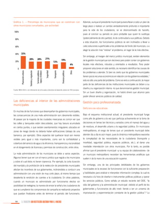 Gráfica 1. – Porcentaje de municipios que se coordinan con
otros municipios conurbados, por actividad

Además, aunque el presidente municipal quisiera llevar a cabo un plan de
largo plazo o realizar un cambio verdaderamente profundo e importante
para la vida de los ciudadanos, se ve desincentivado de hacerlo,

100%

pues al concluir su periodo es poco probable que quien lo sustituya

80%

(potencialmente de otro partido), le de continuidad a sus políticas. Debido

60%

cabo soluciones superficiales a los problemas de fondo del municipio, o a

a esta situación, los funcionarios públicos se ven inclinados a llevar a
elegir la solución mas “vistosa” al problema, en lugar de la más efectiva.

40%

35%
20%

20%

20%

21%

Sin embargo, al margen del marco jurídico municipal, existen elementos

13%

19%

de la gestión municipal que son decisivos para poder contar con gobiernos

4%

locales más efectivos, robustos y orientados a resultados. Para poder
proponer soluciones en este sentido, es necesario identificar las causas de

Otros

Finanzas públicas

Transporte

Seguridad

Servicios públicos
(agua y residuos)

Trámites y regulación

Planeación urbana

0

Fuente: IMCO (2011), con información de la Encuesta a directores de desarrollo urbano de 178 municipios.

los problemas a atender. Si bien es cierto que los gobiernos municipales
tienen pocos recursos económicos en relación con los gobiernos estatales,7
esto es sólo una parte del problema. Como se verá a continuación, la mayor
parte de las deficiencias de las instituciones municipales se deben a su
diseño y su organización interna –lo que denominamos gestión municipal.
Sin un buen diseño y organización, no habrá dinero que alcance para
poder ofrecer servicios públicos de calidad.

Las deficiencias al interior de las administraciones Gestión poco profesionalizada
municipales
Deficiencias educativas
En muchas de las funciones que desempeñan los gobiernos municipales,
las consecuencias de una mala administración son claramente visibles.

Bajo el esquema institucional actual, el presidente municipal funge

Al pasear por la mayoría de las ciudades mexicanas es común ver que

como jefe de gobierno a la vez que participa activamente en la toma de

las calles y banquetas están descuidadas, que hay basura acumulada

decisiones en temas tan técnicos y variados como el manejo del agua y

en ciertos puntos, o que existen asentamientos irregulares ubicados en

de residuos, el desarrollo urbano o la seguridad pública. En municipios

zonas de riesgo donde no debería haber edificaciones (debajo de una

metropolitanos, el rango de temas que un presidente municipal debe

barranca, por ejemplo). Otros aspectos del quehacer local son menos

atender día a día es aún mayor, pues la dinámica metropolitana exacerba

visibles pero igual o más importantes, como son la confiabilidad y

la complejidad de las necesidades de la ciudadanía (transporte y

cobertura del servicio de agua o la eficiencia, transparencia y racionalidad

movilidad, seguridad pública, espacios públicos, etc.), al darse una

en el otorgamiento de licencias y permisos de construcción, entre otros.

inevitable interrelación con otros municipios. Por lo tanto, es posible
afirmar que el presidente municipal –y su equipo de colaboradores– de

La mala administración de los municipios se debe a varios aspectos.

un municipio metropolitano necesitan las herramientas analíticas que

Algunos tienen que ver con el marco jurídico que regula a los municipios

suelen ir de la mano de una educación superior.

y sobre el cual éstos no tienen injerencia. Por ejemplo, la corta duración
del mandato y la prohibición de la reelección de presidentes municipales

Sin embargo, una de las principales debilidades de los gobiernos

afectan los incentivos de sus gobernantes, inclinándolos a conducir una

municipales es la escasez de funcionarios con la suficiente preparación

administración con una visión de muy corto plazo, al mismo tiempo que

y habilidades para analizar e interpretar información compleja, la cual es

desalienta la rendición de cuentas a la ciudadanía. En otras palabras,

necesaria a la hora de diseñar e instrumentar políticas públicas y operar

cuando un municipio es administrado por funcionarios electos sin

los servicios públicos. Como señala un estudio reciente del CIDE, “la

posibilidad de reelegirse, la manera de enviar la señal a los ciudadanos de

vida del gobierno y la administración municipal –debido al perfil de los

que se cumplieron los compromisos de campaña es realizando proyectos

gobernantes y funcionarios de alto nivel– tiende a ser un universo de

que puedan finalizarse antes de terminar el periodo del funcionario.

improvisación y experimentación constante de la gestión pública”.8 Lo

84

EL MUNICIPIO UNA INSTITUCIÓN DISEÑADA PARA EL FRACASO

 