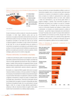 Gráfica 3. Empleo anterior de los titulares de obras públicas de
municipios metropolitanos

Aunque casi todos los municipios metropolitanos de México cuentan con
instrumentos de gestión interna, la mayoría de estos están relacionados
únicamente con aspectos de la planeación de políticas y programas.
Como se observa en la Gráfica 4, prácticamente tres cuartas partes
de los municipios metropolitanos definen una misión, visión, objetivos
o metas de la administración, y casi dos terceras partes definen un
programa estratégico u operativo. Estos instrumentos de gestión son
básicamente documentos que se publican una sola vez o actualizan
de manera esporádica. En contraste, sólo una minoría de municipios
cuenta con instrumentos de gestión que impliquen un trabajo continuo

Fuente: CIDE (2011).

y sistematizado –al incorporar una constante recolección y análisis de
información– que permitan mejorar el desempeño de la administración

Si bien la Constitución prohíbe la reelección consecutiva de presidentes

municipal. Por ejemplo, sólo 1 de cada 5 municipios mide la satisfacción

municipales, no existe ningún obstáculo jurídico para que los

de sus habitantes con los servicios que reciben. De igual modo, menos

funcionarios municipales se desarrollen profesionalmente al interior de la

del 40% de los municipios cuenta con un panel de control y seguimiento

administración pública municipal. Sin embargo, esto rara vez ocurre para

de objetivos y metas –es decir, un sistema de información que guíe la

los gobiernos municipales, lo que implica que cada vez que concluye

operación de los programas y políticas hacia los resultados deseados.

un periodo de gobierno se remplaza a un gran número de funcionarios

Gráfica 4. Elementos de planeación o evaluación en los
municipios metropolitanos

de alto nivel. Así, la curva de aprendizaje termina por perderse: el
conocimiento y la experiencia acumulada por la administración anterior
se diluye en la transición gubernamental, debilitando la capacidad de los
gobiernos municipales para incrementar su eficiencia operativa o diseñar
estrategias y planes de acción de mediano y largo plazo.

Procesos ineficientes, no orientados a resultados
La calidad de la administración pública municipal depende no sólo de las

Misión, visión, objetivos o metas
de la administración pública
municipal definidos

74%

Programa estratégico u operativo
de la administración municipal

64%

Sistema de captación
de quejas o sugerencias

44%

capacidades y experiencia de las personas que la integran, sino también del
modo en que están organizadas para alcanzar las metas y los objetivos de
gobierno. La gestión interna le permite a una organización alinear y vincular
todas las etapas de las políticas públicas y de las acciones de gobierno: la
planeación, diseño, implementación, operación, evaluación y seguimiento.
De acuerdo con un estudio del CIDE, la gestión interna de los municipios
mexicanos es débil y la consideran un tema poco prioritario. En la integración
de comisiones y en la presentación de iniciativas en los ayuntamientos figuran
muy poco los temas relacionados con la planeación y evaluación de políticas
y programas, la transparencia y rendición de cuentas, la contraloría interna
y la oficialía mayor o administración.11 Este hecho es preocupante, toda vez
que el fortalecimiento de la gestión municipal es indispensable para elevar

Indicadores de gestión
o resultados

44%

Panel de control y
seguimiento de objetivos

38%

Sistema de información ejecutiva para
la planeación y el seguimiento
de los programas sociales
Manual o estándares de calidad
para la atención de trámites

30%

Mecanismos para medir
la satisfacción de usuarios

21%

la eficiencia de los gobiernos locales. Aún si una administración municipal

0%

llegase a contar con un equipo de trabajo altamente experimentado y
profesional, la falta de mecanismos efectivos de gestión interna podría
impedir el buen funcionamiento de sus distintas unidades operativas.

86

EL MUNICIPIO UNA INSTITUCIÓN DISEÑADA PARA EL FRACASO

Fuente: CIDE (2011).

34%

20%

40%

60%

80%

 