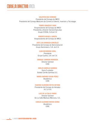 CONSEJO DIRECTIVO IMCO
VALENTIN DIEZ MORODO
Presidente del Consejo de IMCO
Presidente del Consejo Mexicano de Comercio Exterior, Inversión y Tecnología
TOMÁS GONZÁLEZ SADA
Vicepresidente del Consejo de IMCO
Presidente y Director General Ejecutivo
Grupo CYDSA, S.A de C.V
ROBERTO NEWELL GARCÍA
Vicepresidente del Consejo de IMCO
JOSÉ LUIS BARRAZA GONZÁLEZ
Presidente del Consejo de Administración
Grupo Aeroméxico, S.A. de C.V.
JUAN BECKMANN VIDAL
Presidente
Grupo Cuervo, S.A. de C.V.
ENRIQUE CABRERO MENDOZA
Director General
CIDE
EMILIO CARRILLO GAMBOA
Socio Fundador
Bufete Carrillo Gamboa S.C.
MARÍA AMPARO CASAR PÉREZ
Académica
CIDE
EUGENIO CLARIOND REYES-RETANA
Presidente del Consejo de Verzatec
ACURA
LUIS DE LA CALLE PARDO
Director General
De La Calle Madrazo Mancera, S.C.
CARLOS ELIZONDO MAYER-SERRA
Académico
CIDE

8

EL MUNICIPIO, UNA INSTITUCIÓN DISEÑADA PARA EL FRACASO

 