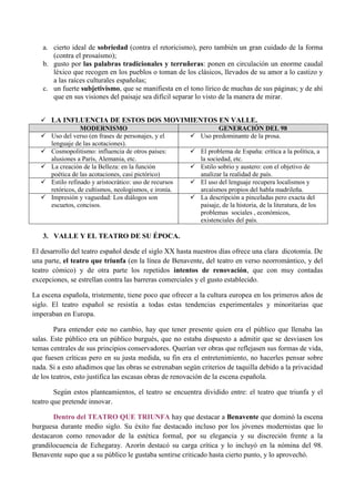 a. cierto ideal de sobriedad (contra el retoricismo), pero también un gran cuidado de la forma
(contra el prosaísmo);
b. gusto por las palabras tradicionales y terruñeras: ponen en circulación un enorme caudal
léxico que recogen en los pueblos o toman de los clásicos, llevados de su amor a lo castizo y
a las raíces culturales españolas;
c. un fuerte subjetivismo, que se manifiesta en el tono lírico de muchas de sus páginas; y de ahí
que en sus visiones del paisaje sea difícil separar lo visto de la manera de mirar.
 LA INFLUENCIA DE ESTOS DOS MOVIMIENTOS EN VALLE.
MODERNISMO
GENERACIÓN DEL 98
 Uso del verso (en frases de personajes, y el
 Uso predominante de la prosa.
lenguaje de las acotaciones).
 Cosmopolitismo: influencia de otros países:
 El problema de España: crítica a la política, a
alusiones a París, Alemania, etc.
la sociedad, etc.
 La creación de la Belleza: en la función
 Estilo sobrio y austero: con el objetivo de
poética de las acotaciones, casi pictórico)
analizar la realidad de país.
 Estilo refinado y aristocrático: uso de recursos
 El uso del lenguaje recupera localismos y
retóricos, de cultismos, neologismos, e ironía.
arcaísmos propios del habla madrileña.
 Impresión y vaguedad: Los diálogos son
 La descripción a pinceladas pero exacta del
escuetos, concisos.
paisaje, de la historia, de la literatura, de los
problemas sociales , económicos,
existenciales del país.

3. VALLE Y EL TEATRO DE SU ÉPOCA.
El desarrollo del teatro español desde el siglo XX hasta nuestros días ofrece una clara dicotomía. De
una parte, el teatro que triunfa (en la línea de Benavente, del teatro en verso neorromántico, y del
teatro cómico) y de otra parte los repetidos intentos de renovación, que con muy contadas
excepciones, se estrellan contra las barreras comerciales y el gusto establecido.
La escena española, tristemente, tiene poco que ofrecer a la cultura europea en los primeros años de
siglo. El teatro español se resistía a todas estas tendencias experimentales y minoritarias que
imperaban en Europa.
Para entender este no cambio, hay que tener presente quien era el público que llenaba las
salas. Este público era un público burgués, que no estaba dispuesto a admitir que se desviasen los
temas centrales de sus principios conservadores. Querían ver obras que reflejasen sus formas de vida,
que fuesen críticas pero en su justa medida, su fin era el entretenimiento, no hacerles pensar sobre
nada. Si a esto añadimos que las obras se estrenaban según criterios de taquilla debido a la privacidad
de los teatros, esto justifica las escasas obras de renovación de la escena española.
Según estos planteamientos, el teatro se encuentra dividido entre: el teatro que triunfa y el
teatro que pretende innovar.
Dentro del TEATRO QUE TRIUNFA hay que destacar a Benavente que dominó la escena
burguesa durante medio siglo. Su éxito fue destacado incluso por los jóvenes modernistas que lo
destacaron como renovador de la estética formal, por su elegancia y su discreción frente a la
grandilocuencia de Echegaray. Azorín destacó su carga crítica y lo incluyó en la nómina del 98.
Benavente supo que a su público le gustaba sentirse criticado hasta cierto punto, y lo aprovechó.

 