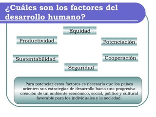 ¿Cuáles son los factores del desarrollo humano? Equidad Cooperación Potenciación Productividad Seguridad Sustentabilidad Para potenciar estos factores es necesario que los países orienten sus estrategias de desarrollo hacia una progresiva creación de un ambiente económico, social, político y cultural favorable para los individuales y la sociedad. 
