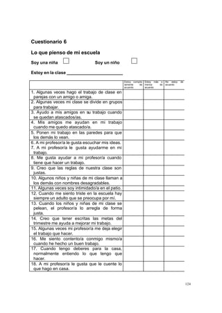 Cuestionario 6

Lo que pienso de mi escuela
Soy una niña                    Soy un niño

Estoy en la clase _______________________

                                                  Estoy comple- Estoy más o   No estoy   de
                                                  tamente   de menos     de   acuerdo
                                                  acuerdo       acuerdo

1. Algunas veces hago el trabajo de clase en
 parejas con un amigo o amiga.
2. Algunas veces mi clase se divide en grupos
 para trabajar.
3. Ayudo a mis amigos en su trabajo cuando
 se quedan atascados/as.
4. Mis amigos me ayudan en mi trabajo
 cuando me quedo atascado/a.
5. Ponen mi trabajo en las paredes para que
 los demás lo vean.
6. A mi profesor/a le gusta escuchar mis ideas.
7. A mi profesor/a le gusta ayudarme en mi
 trabajo.
8. Me gusta ayudar a mi profesor/a cuando
 tiene que hacer un trabajo.
9. Creo que las reglas de nuestra clase son
 justas.
10. Algunos niños y niñas de mi clase llaman a
 los demás con nombres desagradables.
11. Algunas veces soy intimidado/a en el patio.
12. Cuando me siento triste en la escuela hay
 siempre un adulto que se preocupa por mí.
13. Cuando los niños y niñas de mi clase se
 pelean, el profesor/a lo arregla de forma
 justa.
14. Creo que tener escritas las metas del
 trimestre me ayuda a mejorar mi trabajo.
15. Algunas veces mi profesor/a me deja elegir
 el trabajo que hacer.
16. Me siento contento/a conmigo mismo/a
 cuando he hecho un buen trabajo.
17. Cuando tengo deberes para la casa,
 normalmente entiendo lo que tengo que
 hacer.
18. A mi profesor/a le gusta que le cuente lo
 que hago en casa.


                                                                                              124
 