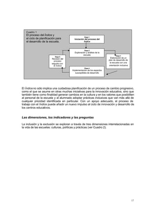 Cuadro 1
   El proceso del Índice y
                                                     Etapa 1
   el ciclo de planificación para          Iniciación del proceso del
   el desarrollo de la escuela.                      Índice



                                                     Etapa 2
                                           Exploración y análisis de la
                                                    escuela                      Etapa 3
                            Etapa 5
                         Revisión del                                       Elaboración de un
                           proceso                                        plan de desarrollo de
                         seguido con                                       la escuela con una
                           el Índice                                      orientación inclusiva
                                                     Etapa 4
                                         Implementación de los aspectos
                                           susceptibles de desarrollo




El Índice no sólo implica una cuidadosa planificación de un proceso de cambio progresivo,
como el que se asume en otras muchas iniciativas para la innovación educativa, sino que
también tiene como finalidad generar cambios en la cultura y en los valores que posibiliten
al personal de la escuela y al alumnado adoptar prácticas inclusivas que van más allá de
cualquier prioridad identificada en particular. Con un apoyo adecuado, el proceso de
trabajo con el Índice puede añadir un nuevo impulso al ciclo de innovación y desarrollo de
los centros educativos.


Las dimensiones, los indicadores y las preguntas

La inclusión y la exclusión se exploran a través de tres dimensiones interrelacionadas en
la vida de las escuelas: culturas, políticas y prácticas (ver Cuadro 2).




                                                                                                  17
 