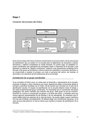Etapa 1

Iniciación del proceso del Índice



                                                               Etapa 1
                                                  Iniciación del proceso del Índice




                                                  Etapa 2
                                                    Exploración y análisis de la
                        Etapa 5                              escuela                                  Etapa 3
                      Revisión del                                                             Elaboración de un plan
                        proceso                                                                  de desarrollo de la
                      seguido con                                                                 escuela con una
                        el Índice                                                               orientación inclusiva
                                                              Etapa 4
                                                 Implementación de los aspectos
                                                 susceptibles de desarrollo




Esta primera etapa del Índice comienza introduciendo el proceso dentro de las estructuras
de planificación que ya existen en la escuela para la elaboración de proyectos o planes
educativos, y debería completarse en medio trimestre. En primer lugar, se establece un
grupo coordinador que represente las principales áreas o instancias de la escuela y que
garantice un talante de "desafío constructivo" respecto a las perspectivas existentes en la
escuela. Este grupo se familiariza e informa sobre los materiales y el proceso del Índice, y
se compromete a realizar el proceso con todo el personal del centro, las familias, el
alumnado y los miembros de las instituciones de la comunidad.

Constitución de un grupo coordinador

Si se considera el Índice como un medio para el desarrollo y mejoramiento de la escuela,
entonces el director y otros miembros con mayor experiencia deben involucrarse desde el
principio y planificar el trabajo con el Índice, de tal manera que coincida con el ciclo de la
planificación escolar. El equipo de planificación de la escuela debería iniciar el trabajo y
ser parte fundamental del grupo coordinador. Es importante que el coordinador del apoyo
pedagógico del centro 6 también sea miembro del grupo. Este grupo ha de ser inclusivo,
teniendo en cuenta la composición de género y de etnia del centro, y ampliarlo para que
incluya algunos representantes de las familias y de los estudiantes. Es necesario que el
grupo refleje todos los aspectos de la vida del centro. Se puede captar nuevos miembros
a la vez que el trabajo va progresando. Se deberá elegir una coordinación del grupo, en el
caso de que esta persona no sea la misma que coordina el equipo de planificación de la
escuela.



6
    Aunque en nuestros contextos no existe esta figura, lo más próximo vendría a ser los profesionales de apoyo.



                                                                                                                        29
 