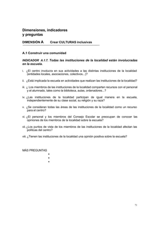Dimensiones, indicadores
y preguntas

DIMENSIÓN A              Crear CULTURAS inclusivas


A.1 Construir una comunidad

INDICADOR A.1.7. Todas las instituciones de la localidad están involucradas
en la escuela.

i. ¿El centro involucra en sus actividades a las distintas instituciones de la localidad
   (entidades locales, asociaciones, colectivos...)?

ii. ¿Está implicada la escuela en actividades que realizan las instituciones de la localidad?

iii. ¿ Los miembros de las instituciones de la localidad comparten recursos con el personal
     y el alumnado, tales como la biblioteca, aulas, ordenadores...?

iv. ¿Las instituciones de la localidad participan de igual manera en la escuela,
    independientemente de su clase social, su religión y su raza?

v. ¿Se consideran todas las áreas de las instituciones de la localidad como un recurso
   para el centro?

vi. ¿El personal y los miembros del Consejo Escolar se preocupan de conocer las
    opiniones de los miembros de la localidad sobre la escuela?

vii. ¿Los puntos de vista de los miembros de las instituciones de la localidad afectan las
     políticas del centro?

viii. ¿Tienen las instituciones de la localidad una opinión positiva sobre la escuela?



MÁS PREGUNTAS
                     •
                     •
                     •




                                                                                           71
 