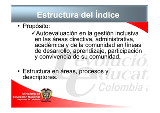 Estructura del Índice
• Propósito:
      Autoevaluación en la gestión inclusiva
      en las áreas directiva, administrativa,
      académica y de la comunidad en líneas
      de desarrollo, aprendizaje, participación
      y convivencia de su comunidad.

• Estructura en áreas, procesos y
  descriptores.
 