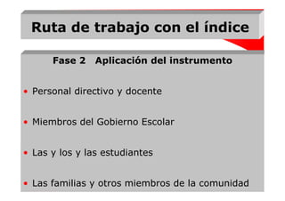 Ruta de trabajo con el índice

      Fase 2    Aplicación del instrumento


• Personal directivo y docente


• Miembros del Gobierno Escolar


• Las y los y las estudiantes


• Las familias y otros miembros de la comunidad
 