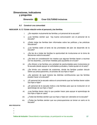 Dimensiones, indicadores
y preguntas
Dimensión A Crear CULTURAS inclusivas
____________________________________________________________
A.1 Construir una comunidad
INDICADOR A.1.5 Existe relación entre el personal y las familias.
i. ¿Se respetan mutuamente las familias y el personal de la escuela?
ii. ¿Las familias sienten que hay buena comunicación con el personal de la
escuela?
iii. ¿Están todas las familias bien informadas sobre las políticas y las prácticas
educativas?
iv. ¿Las familias están al tanto de las prioridades del plan de desarrollo de la
escuela?
v. ¿Se les da a todas las familias la oportunidad de involucrarse en la toma de
decisiones sobre la escuela?
vi. ¿Se tiene en consideración los miedos que algunas familias tienen a reunirse
con los docentes, y se toman medidas para ayudarles en el aula?
vii. ¿Se ofrecen a las familias una variedad de oportunidades para involucrarse en
la escuela (desde apoyar en actividades puntuales y hasta ayudar en el aula)?
viii. ¿Se brinda una variedad de ocasiones, donde las familias puedan discutir
sobre sus preocupaciones y el proceso de sus hijos e hijas?
ix. ¿Se aprecian de igual manera las distintas contribuciones que las familias
pueden hacer a la escuela?
x. ¿El personal de la escuela valora el conocimiento que las familias tienen sobre
sus hijos e hijas?
xi. ¿El personal de la escuela motiva a las familias para que se involucren en el
aprendizaje de sus hijos o hijas?
xii. ¿Las familias tienen claro lo que pueden hacer para apoyar el aprendizaje de
sus hijos o hijas en casa?
xiii. ¿Todas las familias sienten que sus hijos o hijas son valorados en la escuela?
xiv. ¿Todas las familias sienten que sus preocupaciones se toman en serio en la
escuela?
MÁS PREGUNTAS
•
•
•
Índice de Inclusión / Desarrollando el aprendizaje y la participación en las escuelas 57
 