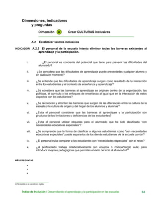 Dimensiones, indicadores
y preguntas
Dimensión A Crear CULTURAS inclusivas
____________________________________________________________
A.2 Establecer valores inclusivos
INDICADOR A.2.5 El personal de la escuela intenta eliminar todas las barreras existentes al
aprendizaje y la participación.
i. ¿El personal es conciente del potencial que tiene para prevenir las dificultades del
alumnado?
ii. ¿Se considera que las dificultades de aprendizaje puede presentarlas cualquier alumno y
en cualquier momento?
iii. ¿Se entiende que las dificultades de aprendizaje surgen como resultado de la interacción
entre los estudiantes y el contexto de enseñanza y aprendizaje?
iv. ¿Se considera que las barreras al aprendizaje se originan dentro de la organización, las
políticas, el currículo y los enfoques de enseñanza al igual que en la interacción de estos
aspectos con los estudiantes?
v. ¿Se reconocen y afrontan las barreras que surgen de las diferencias entre la cultura de la
escuela y la cultura de origen y del hogar de los alumnos y alumnas?
vi. ¿Evita el personal considerar que las barreras al aprendizaje y la participación son
producto de las limitaciones o deficiencias de los estudiantes?
vii. ¿Evita el personal utilizar etiquetas para el alumnado que ha sido clasificado “con
necesidades educativas especiales”?
viii. ¿Se comprende que la forma de clasificar a algunos estudiantes como “con necesidades
educativas especiales” puede separarlos de los demás estudiantes de la escuela común?
ix. ¿El personal evita comparar a los estudiantes con “necesidades especiales” con el resto?
x. ¿el profesorado trabaja colaborativamente (en equipos o compartiendo aula) para
introducir mejoras pedagógicas que permitan el éxito de todo el alumnado?25
MÁS PREGUNTAS
•
•
•
_____________________________
25 No existe en la versión en inglés.
Índice de Inclusión / Desarrollando el aprendizaje y la participación en las escuelas 64
 