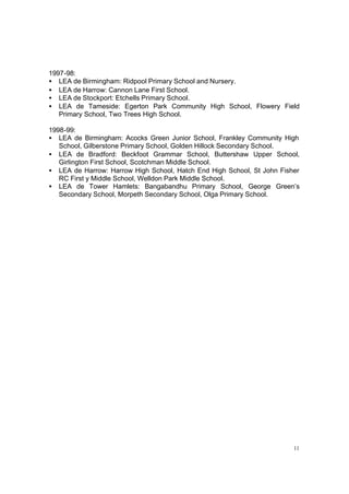 11
1997-98:
• LEA de Birmingham: Ridpool Primary School and Nursery.
• LEA de Harrow: Cannon Lane First School.
• LEA de Stockport: Etchells Primary School.
• LEA de Tameside: Egerton Park Community High School, Flowery Field
Primary School, Two Trees High School.
1998-99:
• LEA de Birmingham: Acocks Green Junior School, Frankley Community High
School, Gilberstone Primary School, Golden Hillock Secondary School.
• LEA de Bradford: Beckfoot Grammar School, Buttershaw Upper School,
Girlington First School, Scotchman Middle School.
• LEA de Harrow: Harrow High School, Hatch End High School, St John Fisher
RC First y Middle School, Welldon Park Middle School.
• LEA de Tower Hamlets: Bangabandhu Primary School, George Green’s
Secondary School, Morpeth Secondary School, Olga Primary School.
 
