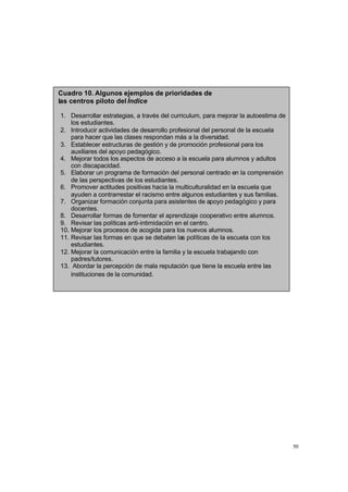 50
Cuadro 10. Algunos ejemplos de prioridades de
las centros piloto del Índice
1. Desarrollar estrategias, a través del curriculum, para mejorar la autoestima de
los estudiantes.
2. Introducir actividades de desarrollo profesional del personal de la escuela
para hacer que las clases respondan más a la diversidad.
3. Establecer estructuras de gestión y de promoción profesional para los
auxiliares del apoyo pedagógico.
4. Mejorar todos los aspectos de acceso a la escuela para alumnos y adultos
con discapacidad.
5. Elaborar un programa de formación del personal centrado en la comprensión
de las perspectivas de los estudiantes.
6. Promover actitudes positivas hacia la multiculturalidad en la escuela que
ayuden a contrarrestar el racismo entre algunos estudiantes y sus familias.
7. Organizar formación conjunta para asistentes de apoyo pedagógico y para
docentes.
8. Desarrollar formas de fomentar el aprendizaje cooperativo entre alumnos.
9. Revisar las políticas anti-intimidación en el centro.
10. Mejorar los procesos de acogida para los nuevos alumnos.
11. Revisar las formas en que se debaten las políticas de la escuela con los
estudiantes.
12. Mejorar la comunicación entre la familia y la escuela trabajando con
padres/tutores.
13. Abordar la percepción de mala reputación que tiene la escuela entre las
instituciones de la comunidad.
 