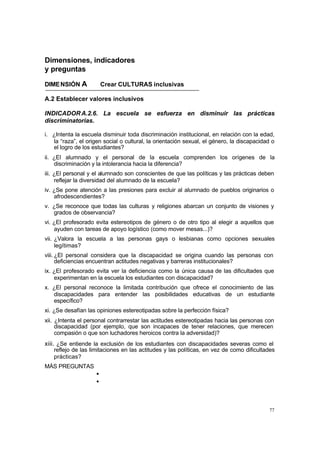 77
Dimensiones, indicadores
y preguntas
DIMENSIÓN A Crear CULTURAS inclusivas
A.2 Establecer valores inclusivos
INDICADORA.2.6. La escuela se esfuerza en disminuir las prácticas
discriminatorias.
i. ¿Intenta la escuela disminuir toda discriminación institucional, en relación con la edad,
la “raza”, el origen social o cultural, la orientación sexual, el género, la discapacidad o
el logro de los estudiantes?
ii. ¿El alumnado y el personal de la escuela comprenden los orígenes de la
discriminación y la intolerancia hacia la diferencia?
iii. ¿El personal y el alumnado son conscientes de que las políticas y las prácticas deben
reflejar la diversidad del alumnado de la escuela?
iv. ¿Se pone atención a las presiones para excluir al alumnado de pueblos originarios o
afrodescendientes?
v. ¿Se reconoce que todas las culturas y religiones abarcan un conjunto de visiones y
grados de observancia?
vi. ¿El profesorado evita estereotipos de género o de otro tipo al elegir a aquellos que
ayuden con tareas de apoyo logístico (como mover mesas...)?
vii. ¿Valora la escuela a las personas gays o lesbianas como opciones sexuales
legítimas?
viii. ¿El personal considera que la discapacidad se origina cuando las personas con
deficiencias encuentran actitudes negativas y barreras institucionales?
ix. ¿El profesorado evita ver la deficiencia como la única causa de las dificultades que
experimentan en la escuela los estudiantes con discapacidad?
x. ¿El personal reconoce la limitada contribución que ofrece el conocimiento de las
discapacidades para entender las posibilidades educativas de un estudiante
específico?
xi. ¿Se desafían las opiniones estereotipadas sobre la perfección física?
xii. ¿Intenta el personal contrarrestar las actitudes estereotipadas hacia las personas con
discapacidad (por ejemplo, que son incapaces de tener relaciones, que merecen
compasión o que son luchadores heroicos contra la adversidad)?
xiii. ¿Se entiende la exclusión de los estudiantes con discapacidades severas como el
reflejo de las limitaciones en las actitudes y las políticas, en vez de como dificultades
prácticas?
MÁS PREGUNTAS
•
•
 