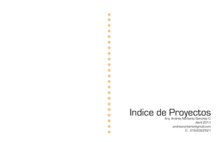 Indice de Proyectos
        Arq. Andres Norberto Sanchez C.
                             Abril 2011
              andresnorberto@gmail.com
                      C. 318-6322521
 
