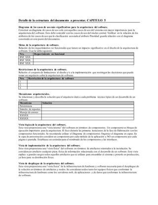 Detalle de la estructura del documento a presentar. CAPITULO 5
Diagrama de los casos de uso más significativos para la arquitectura del software.
Construir un diagrama de casos de uso solo con aquellos casos de uso del sistema con mayor importancia para la
arquitectura del software. Esto debe coincidir con los casos de uso del núcleo central. Verificar en la relación de los
atributos de los casos de uso que la clasificación asociada al atributo Prioridad guarde relación con el diagrama
construido en este punto del documento.
Metas de la arquitectura de software.
Relación de los requerimientos no funcionales que tienen un impacto significativo en el diseño de la arquitectura de
software. Usar la tabla siguiente:
Nro. Requerimiento no funcional
RNF XXX
RNF XXX
RNF XXX
Restricciones de la arquitectura de software.
Relación el conjunto de limitaciones al diseño y/o a la implementación que restringen las decisiones que puede
tomar un arquitecto sobre la arquitectura de software.
Nro. Restricción de la arquitectura de software
1.
2.
3.
Mecanismos arquitecturales.
Se relacionan y describe la solución que el arquitecto dará a cada problema técnico típico de un desarrollo de un
software.
Mecanismo Solución
Persistencia
Emisión de reportes
Manejo de errores
XXXXX
XXXXX
Vista lógica de la arquitectura del software.
Esta vista proporciona una “vista interna” del software en términos de componentes. Un componente es bloque de
ejecución importante para la arquitectura. El foco durante las primeras iteraciones de la fase de Elaboración son los
componentes funcionales. Se recomienda utilizar el Diagrama de componentes.Organice el diagrama en capas.En
la capa de presentación considere un componente por cada módulo de la aplicación y NO un componente por cada
página o pantalla. Establezca un estándarpara el nombrado de los componentes y las interfaces.
Vista de implementación de la arquitectura del software.
Esta vista proporciona una “vista física” del software en términos de artefactos orientados a la instalación. Se
considera un artefacto cualquier pieza física de información relacionada con el desarrollo de un software. Esta vista
explica a grandes rasgos todos aquellos artefactos que se utilizan para ensamblar el sistema y ponerlo en producción,
ya listo para su distribución física.
Vista de despliegue de la arquitectura del software.
Esta vista proporciona una “vista física” de la infraestructura de hardware y software necesaria para el despliegue de
la solución en términos de artefactos y nodos.Se consideran nodos tanto los equipos físicos que conforman la
infraestructura de hardware como los servidores web, de aplicaciones y de datos que conforman la infraestructura
de software.
 
