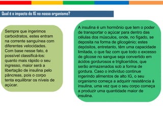Qual é o impacto do IG no nosso organismo?
Sempre que ingerimos
carboidratos, estes entram
na corrente sanguínea com
diferentes velocidades.
Com base nesse fato, é
possível classificá-los:
quanto mais rápido o seu
ingresso, maior será a
libertação de insulina pelo
pâncreas, pois o corpo
tenta equilibrar os níveis de
açúcar.
A insulina é um hormônio que tem o poder
de transportar o açúcar para dentro das
células dos músculos, onde, no fígado, se
deposita na forma de glicogénio; estes
depósitos, entretanto, têm uma capacidade
limitada, o que faz com que todo o excesso
de glicose no sangue seja convertido em
ácidos gordurosos e triglicerídios, que
serão armazenados sob a forma de
gordura. Caso o indivíduo continue
ingerindo alimentos de alto IG, o seu
organismo começa a adquirir resistência à
insulina, uma vez que o seu corpo começa
a produzir uma quantidade maior de
insulina.
 