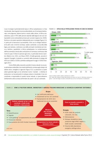 L’uso di energia è particolarmente basso in Africa subsahariana e in Asia          FIGURA 3.2                SPESA DELLA POPOLAZIONE POVERA IN CIBO ED ENERGIA
meridionale, dove la gente fa ancora abbondante uso di biomassa tradizio-
                                                                                                    Etiopia, 1999
nale, come legname, letame bovino e residui delle colture. In Africa sub-




                                                                                    Urbana Rurale
                                                                                                                                                                        69.5%
sahariana, quasi il 70% delle persone dipende dalla legna (e dai suoi sot-                                 10.4%
toprodotti) come combustibile primario per cucinare (Legros et al. 2009).                                                                                        63.8%
Anche se i più poveri spendono relativamente poco in energia (Figura 3.2),                              7.7%

in parte per la mancanza di accessibilità, il loro uso di energie tradizion-                        Bangladesh, 2000




                                                                                    Urbana Rurale
                                                                                                                                                                   65.6%
ali ha altri costi in termini di tempo, salute e ambiente. La raccolta della                               9.3%
legna, per esempio, costituisce una delle principali incombenze per don-
                                                                                                                                                             60.1%
ne e bambini, soprattutto in Africa subsahariana. La contaminazione                                        9.4%
dell’aria domestica dovuta alla combustione di biomassa contribuisce alla                           Guatemala, 2000                                                 % delle spese
                                                                                    Urbana Rurale

morte di quasi 2 milioni di persone ogni anno, in particolare donne e bam-                                                                        50.5%             totali
                                                                                                    1.3%
bini (Martin et al. 2011; von Braun 2007). A livello generale, secondo il                                                                                              Cibo
                                                                                                                                              47.6%                    Energia
rapporto Foresight, è previsto un aumento della domanda di energia del
                                                                                                    1.3%
45% tra il 2006 e il 2030 e potrebbe raddoppiare tra oggi e il 2050 (Fore-
                                                                                                    Tagikistan, 2003
sight 2011).
                                                                                    Urbana Rurale




                                                                                                                                                                         70.7%
          Come effetto della crescente scarsità di risorse naturali, la sicurez-                      4.9%
za alimentare sostenibile è ora inestricabilmente connessa agli sviluppi nel                                                                                                 73.7%
settore idrico, energetico e agricolo (Figura 3.3). La pressione su questi                            4.2%

settori generata dagli usi non alimentari (come i mandati – o direttive di                   0           10       20       30      40          50         60          70         80
produzione- sui biocarburanti), lo sviluppo urbano e industriale e l’uso non
                                                                                   Fonte: von Braun (2007), basato su Ahmed et al. (2007).
coordinato e responsabile di queste risorse naturali, si ripercuoteranno
                                                                                   N.B.: questi dati riﬂettono la spesa delle persone che vivono con meno di 1,08 dollari americani al
direttamente sulla sicurezza alimentare dei poveri e dei più vulnerabili.          giorno. I costi dell’energia includono combustibili per cucina, illuminazione e riscaldamento.




     FIGURA 3.3       COME LE POLITICHE IDRICHE, ENERGETICHE E AGRICOLE POSSONO MINACCIARE LA SICUREZZA ALIMENTARE SOSTENIBILE
                                                               AG
                                                               AG        OS
                                                                         OS

                                                                             Acqua
                                                          >   Uso
                                                              Uso inefﬁciente dell’acqua
                                                               s
                                                          >   Investimenti ad hoc non coordinati
                                                          >   Espropriazione dei diritti idrici
                 Politiche settoriali ad hoc e non            tradizionali dei piccoli proprietari
                                                                                                                           Focus sui beneﬁci economici a
                    coordinate a livello locale
                                                                                                                                   breve termine
                    nazionale e internazionale


                                                                            Minacce                                    Energia
     Terra                                                               alla sicurezza                                >   Suolo usato per produrre
                                                                                                                                         rp
     >   Desertiﬁcazione                                                   alimentare
     >   Degrado                                                          sostenibile                                      carburanti, non cibo
                                                                                                                                             bo
                                                                                                                                              o
                                                                                                                       >   Deforestazione
     >   “Land grabbing” accaparramento del suolo
                   bin
                    i
                    in
                                                                                                                       >   Sviluppo idroelettrico senza
                                                                                                                                                    nza
                                                                                                                                                     z
                                                                                                                                                     za
     >   Produzione intensiva
                 ne
                 ne
     >   Espropriazione dei diritti fondiari tradizionali
             opr
              p                                               Compromessi tra risorse naturali e                                                        tivi
                                                                                                                                                         iv
                                                                                                                           protezione dagli effetti negativi a
                                                                    benessere umano                                        livello sociale e ambientale
                                                                                                                       >   Crescita della dipendenza
     F
     Fonte: Autori.                                                                                                        energetica dell’agricoltura



24       Una sicurezza alimentare sostenibile in un contesto di pressione su suolo, acqua ed energia | Capitolo 03 | Indice Globale della Fame 2012
 
